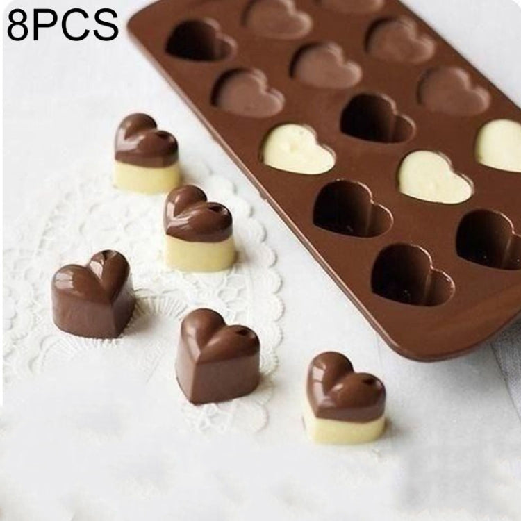 8 PCS Forma de Silicone em Forma de Coração com 15 Cavidades para Bolo, Chocolate e Gelo, Forma em Coração (Castanho)