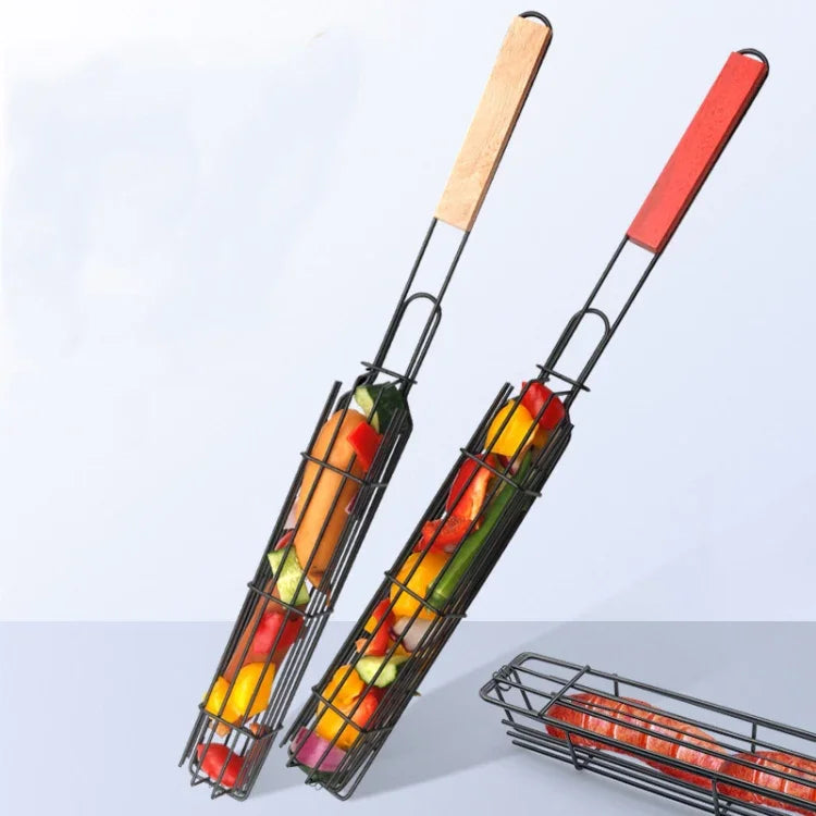 2 Peças Grelha para Cachorro-Quente Grelha para Salsicha Clip para Barbecue Grelha com Cabo de Madeira, Cor Madeira, Vermelho