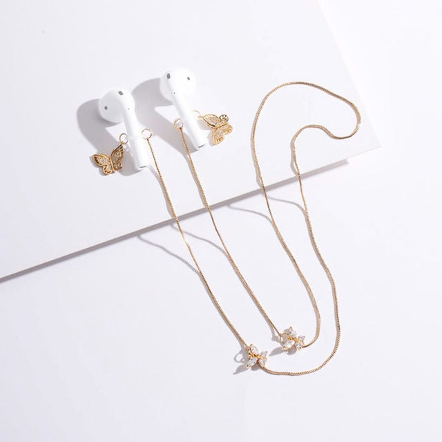 Corrente Universal Anti-perda para Auriculares Sem Fios Colar Anti-perda com Zircão Borboleta para Comutadores