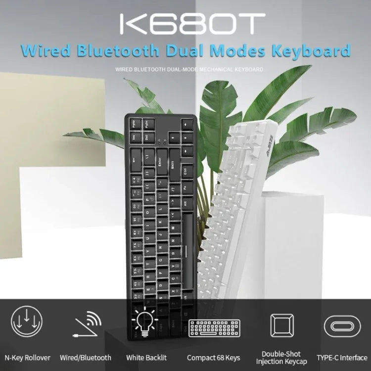 Ajazz K680T Teclado Mecânico Mini USB com Fios e Modo Duplo de Carregamento 68 Teclas para Portátil Bluetooth, Comprimento do Cabo: 1,6m, Interruptor Verde, Preto, Castanho