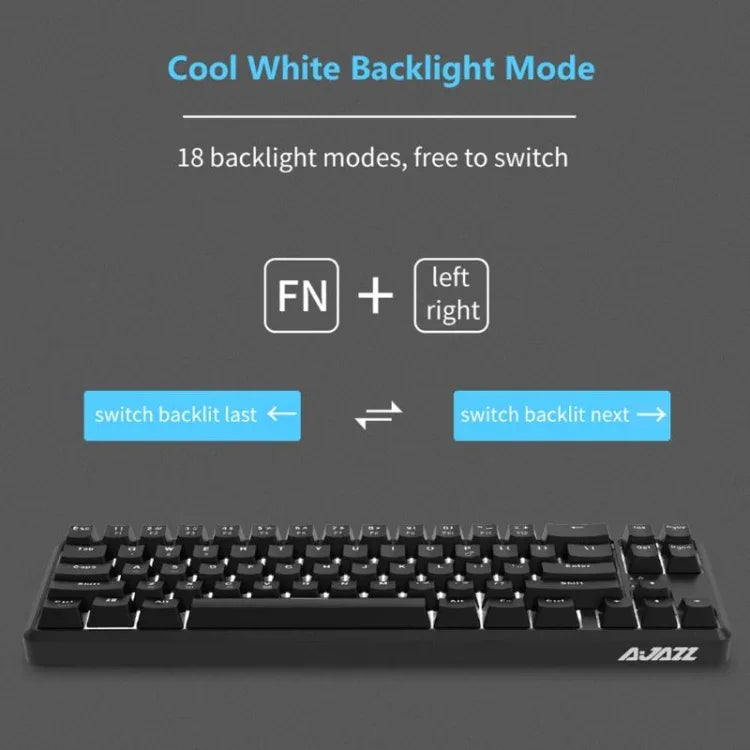 Ajazz K680T Teclado Mecânico Mini USB com Fios e Modo Duplo de Carregamento 68 Teclas para Portátil Bluetooth, Comprimento do Cabo: 1,6m, Interruptor Verde, Preto, Castanho