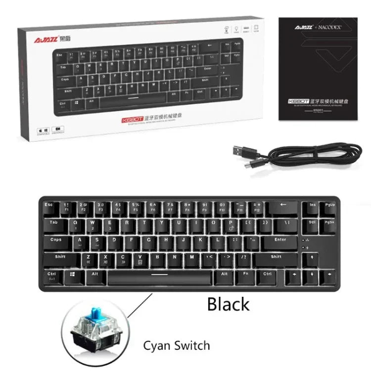 Ajazz K680T Teclado Mecânico Mini USB com Fios e Modo Duplo de Carregamento 68 Teclas para Portátil Bluetooth, Comprimento do Cabo: 1,6m, Interruptor Verde, Preto, Castanho