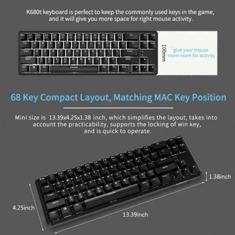 Ajazz K680T Teclado Mecânico Mini USB com Fios e Modo Duplo de Carregamento 68 Teclas para Portátil Bluetooth, Comprimento do Cabo: 1,6m, Interruptor Verde, Preto, Castanho