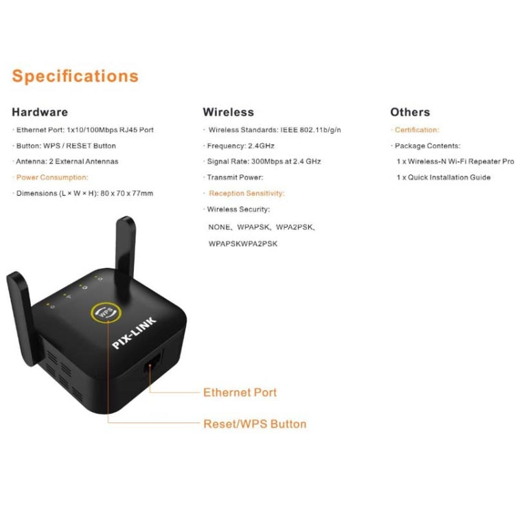 Extensor de Amplificação de Sinal WiFi PIX-LINK WR22 300Mbps, Plugue UE, Plugue US, Plugue UK, Plugue AU