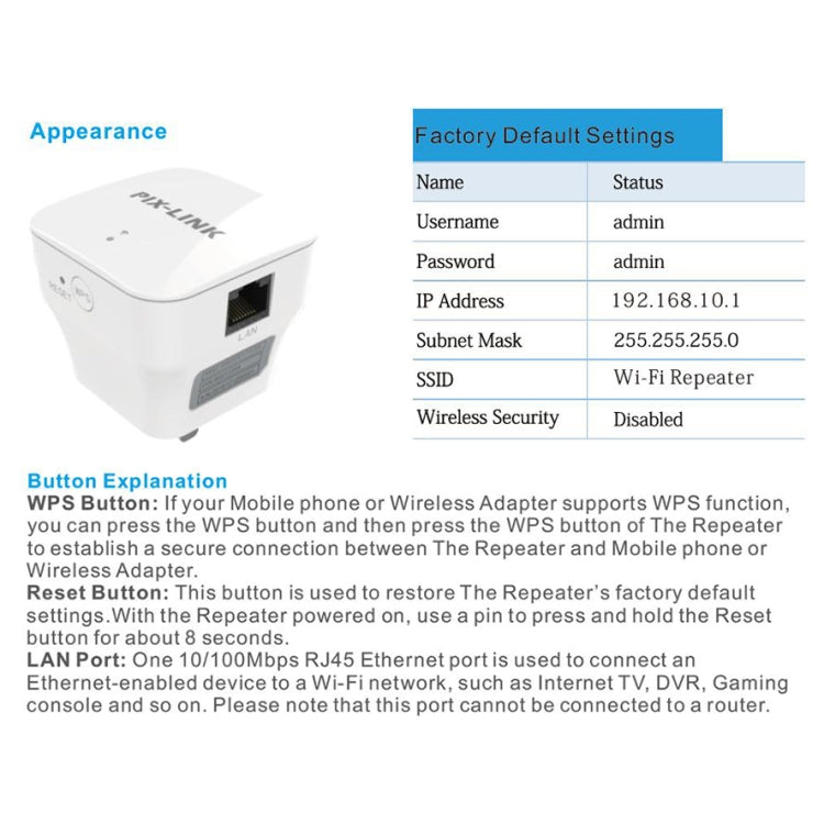 Repetidor amplificador de sinal WIFI PIXLINK WR12 300Mbps, Plugue UE, Plugue Reino Unido, Plugue EUA, Plugue AU