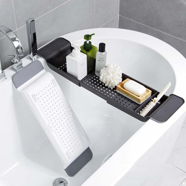 Prateleira retrátil para banheira com dreno, prateleira de plástico para banho, prateleira para armazenamento de chuveiro de banheira, Branco+Cinza