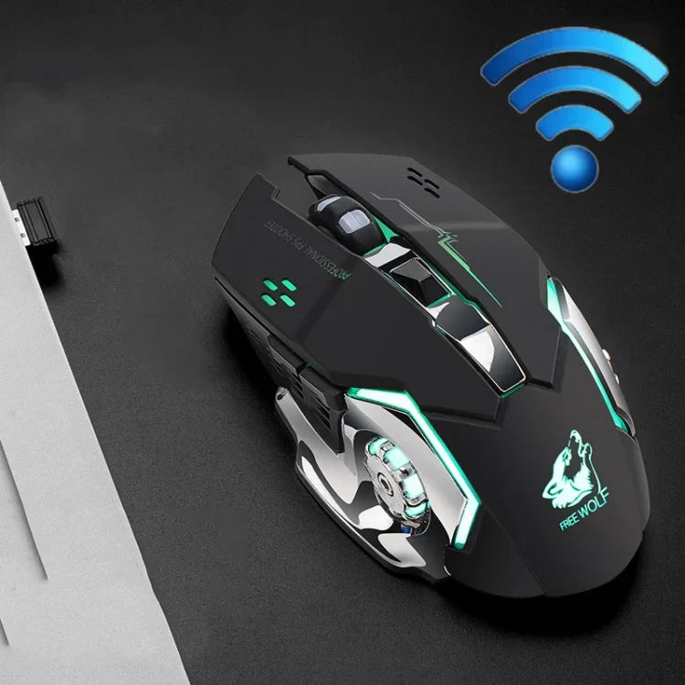 FREEDOM-WOLF X8 Rato Mecânico de Jogo Sem Fios 2.4G com 6 Teclas 2400 DPI, Carregamento Sem Fios, Silencioso e Luminoso, X8 Preto, X8 Cinzento Metalizado, X8 Preto Estrela