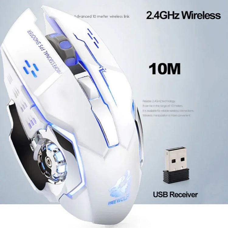 FREEDOM-WOLF X8 Rato Mecânico de Jogo Sem Fios 2.4G com 6 Teclas 2400 DPI, Carregamento Sem Fios, Silencioso e Luminoso, X8 Preto, X8 Cinzento Metalizado, X8 Preto Estrela