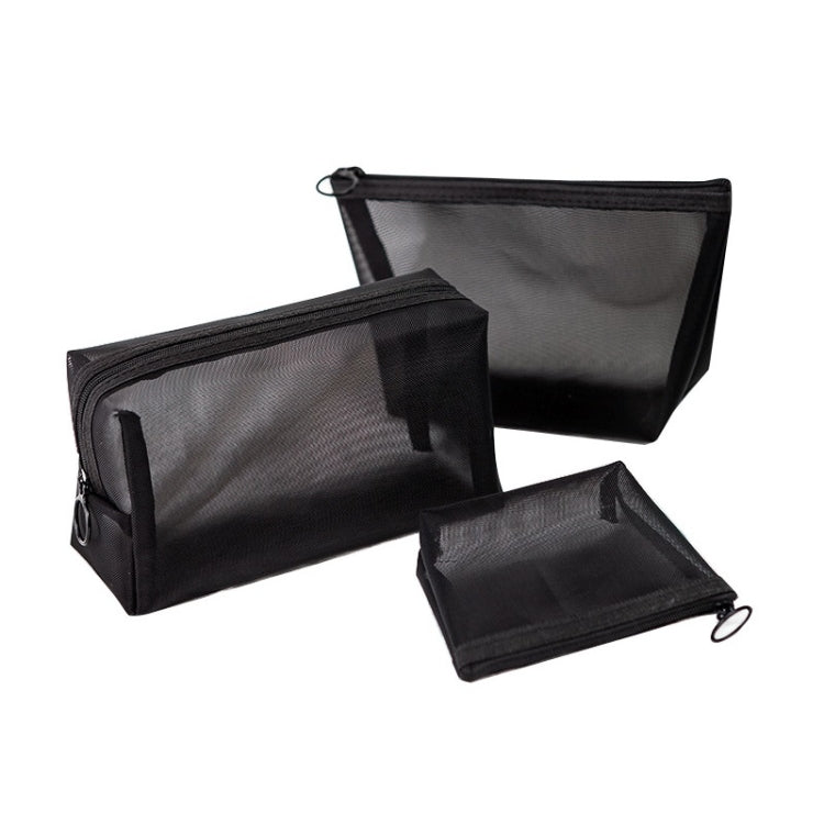 Bolsa Cosmética Transparente Preta em Malha Conjunto de Três Peças de Grande Capacidade para Viagem, Bolsa de Armazenamento de Três Peças