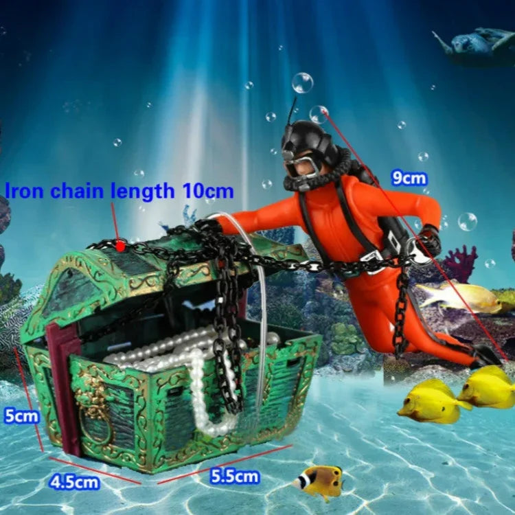 Decoração pneumática para tanque de peixes, mergulhador, caça ao tesouro, homem-rã, paisagem para aquário de tanque de peixes