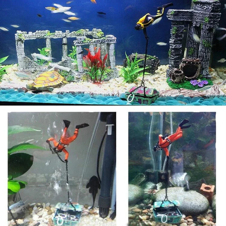 Decoração pneumática para tanque de peixes, mergulhador, caça ao tesouro, homem-rã, paisagem para aquário de tanque de peixes