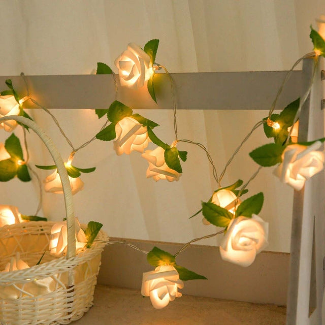 Luzes de Fada a Pilhas em Forma de Flor de Rosa Decoração de Guirlanda para Casamento Festa de Aniversário em Casa, Branco Quente, Luz Branca