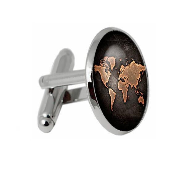 2 Peças de Botões de Punho com Padrão de Mapa-Múndi, Botões de Punho Antigos Retro em Bronze, Prateado, Bronze, Preto