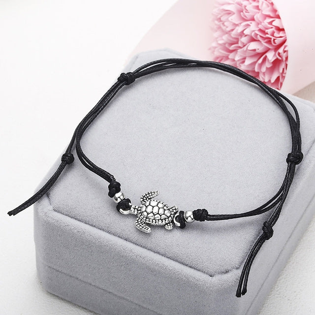 Tornozeleira Boémia com Cordão de Cera e Tartaruga Marinha, Pulseira de Contas para Mulheres, branco, preto, azul