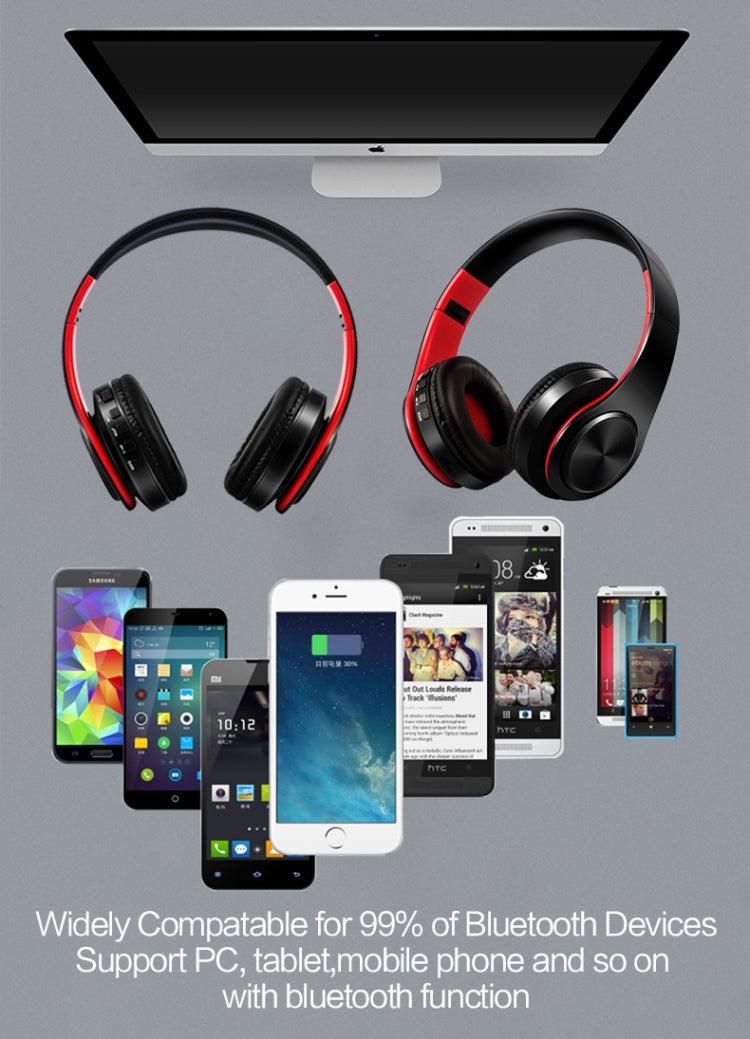 Auricular Bluetooth Estéreo HIFI Sem Fios para Xiaomi iPhone Samsung Tablet, com Microfone, Suporte para Cartão SD e Rádio FM