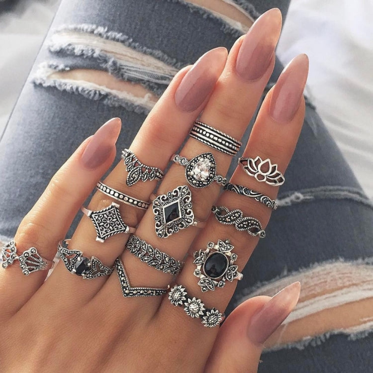 Conjunto de 15 Anéis de Prata com Cristal Retro Boémio, Flor, Folhas e Lótus Oca