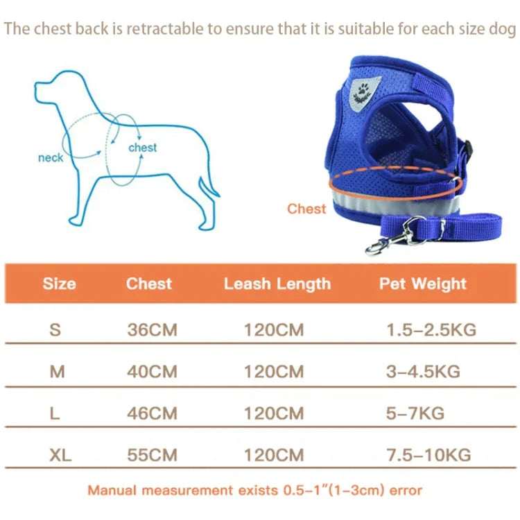 Trela com Peitoral Reflector Ajustável em Malha de Poliéster para Cão, S, M, L, XL