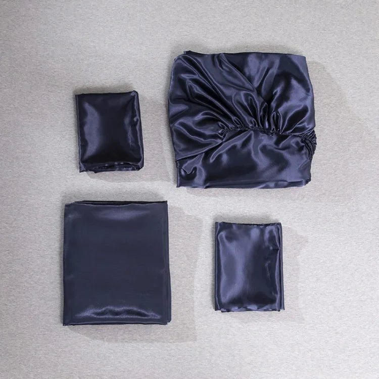 Conjunto de quatro peças para casa em seda de gelo simulada, fronha, lençol plano e lençol ajustado, US-Full/UK-D:138x190x35cm, US-Queen/UK-K:153x203x35cm, US-King:198x203x35cm, UK-SK:180x200x35cm, US-King: 198x203x35cm