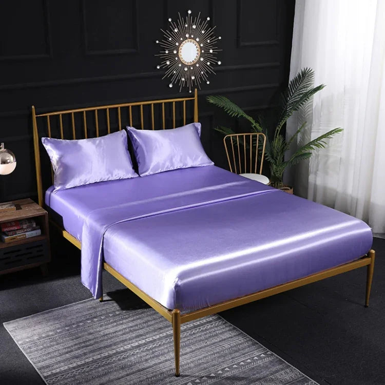 Conjunto de quatro peças para casa em seda de gelo simulada, fronha, lençol plano e lençol ajustado, US-Full/UK-D:138x190x35cm, US-Queen/UK-K:153x203x35cm, US-King:198x203x35cm, UK-SK:180x200x35cm, US-King: 198x203x35cm