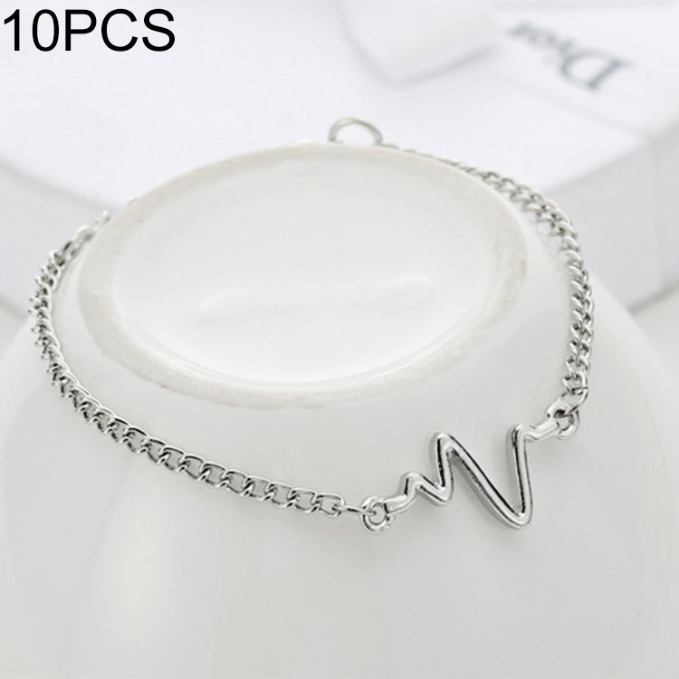10 Peças Pulseira Simples de Personalidade Bileklik ECG Figura Relâmpago Pulseira de Frequência Cardíaca para Casais, preto, ouro, prateado