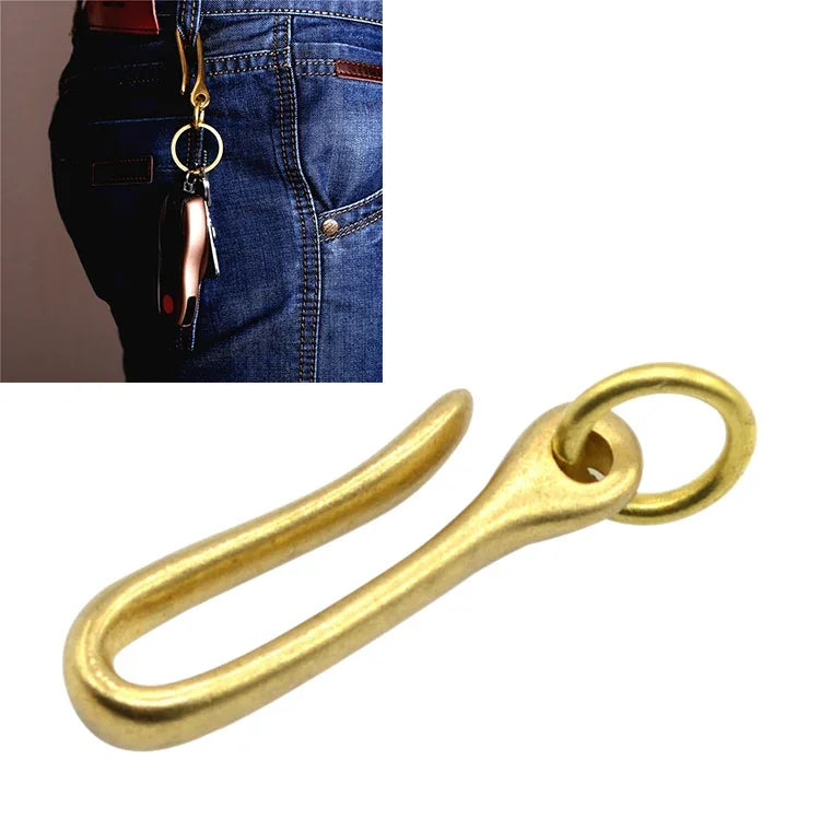 Chaveiro Retro de Latão Maciço com Anilha em U para Cinto, Corrente para Carteira, Gancho de Peixe, 6cm com Anilha de Cobre, 6cm sem Anilha de Cobre