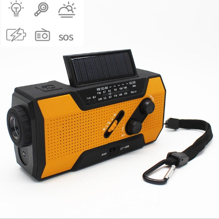Lanterna LED multifuncional com manivela manual, energia solar, rádio FM de banda completa, lâmpada de secretária com alarme, versão US NOAA