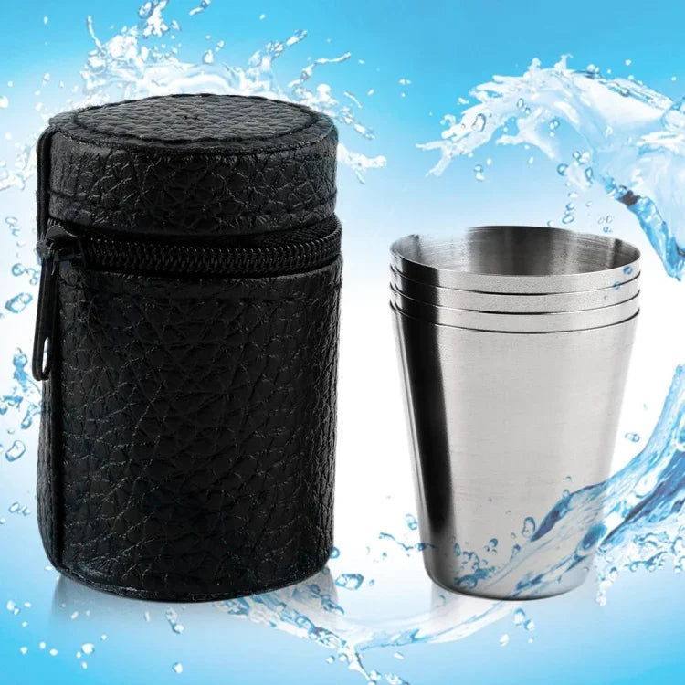 Conjunto de Copo Mini 4 em 1 em Aço Inoxidável para Caminhadas, Campismo e Viagens, Copo Portátil com Estojo de Couro, 30ML