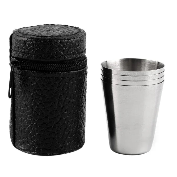 Conjunto de Copo Mini 4 em 1 em Aço Inoxidável para Caminhadas, Campismo e Viagens, Copo Portátil com Estojo de Couro, 30ML