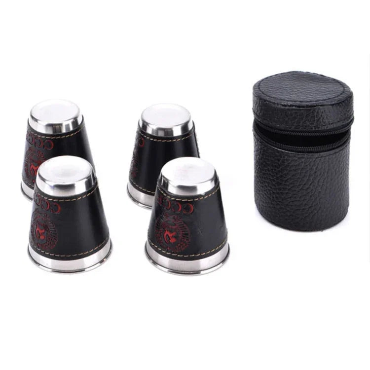 Conjunto de Copos de Viagem para Camping ao Ar Livre 4 em 1 70ml Talheres para Mesa Suprimentos para Piquenique Copo de Vinho Cerveja Canecas de Whisky Couro PU