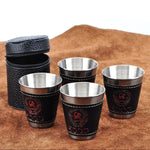 Conjunto de Copos de Viagem para Camping ao Ar Livre 4 em 1 70ml Talheres para Mesa Suprimentos para Piquenique Copo de Vinho Cerveja Canecas de Whisky Couro PU