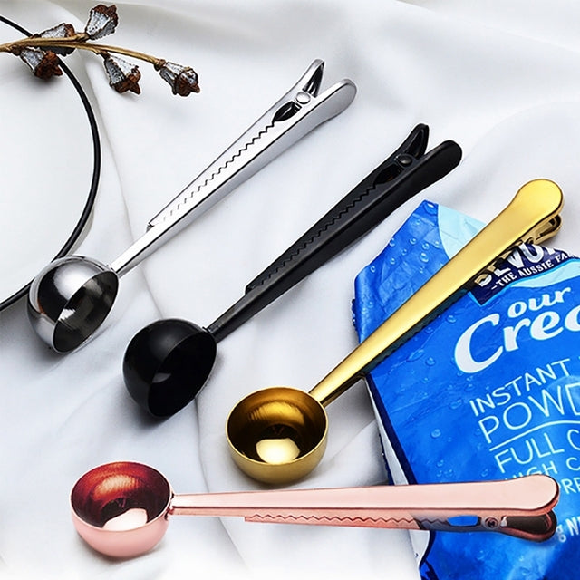 Colher multifuncional para café com clipe, copo medidor de chá e café em aço inoxidável, colher para café, colher para café (prateada), colher para café (dourada), colher para café (preta), colher para café (ouro rosa)