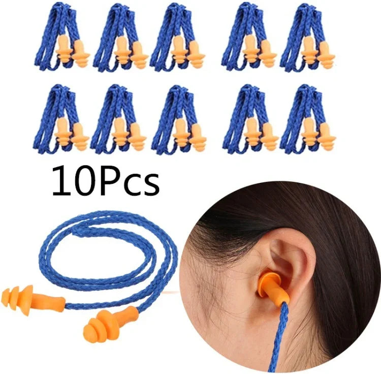 10 Protetores Auriculares Reutilizáveis de Silicone Macio com Cordão, Proteção Auditiva e Redução de Ruído