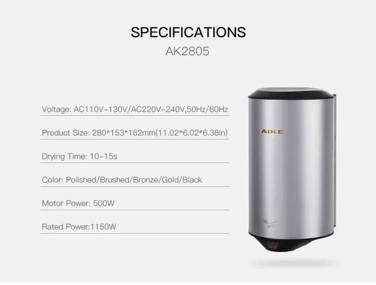 Secador de Mãos Automático com Sensor 304 em Aço Inoxidável Fluxo de Ar de Alta Velocidade para Casa, Hotel, Aeroporto Máquina de Secar Mãos