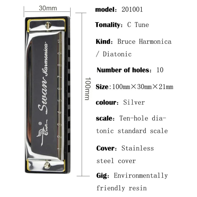Swan 2 PCS 10 Furos Harmónica Bruce em Escala Completa para Iniciantes Crianças Adultos Estudantes a Tocar Instrumentos Musicais, Swan Harmónica Bruce 10 Furos