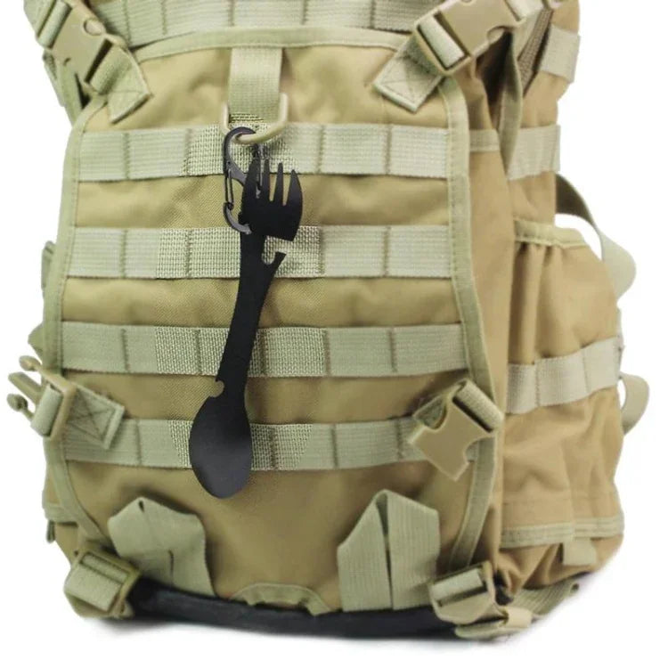 Conjunto de 2 Ferramentas Multifuncionais 5 em 1 para Exterior, Kit de Sobrevivência EDC em Aço Inoxidável para Campismo, Garfo, Faca, Colher, Abridor de Garrafas/Latas