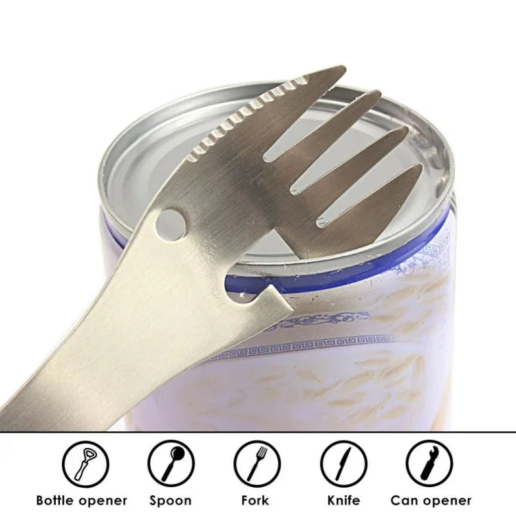 Conjunto de 2 Ferramentas Multifuncionais 5 em 1 para Exterior, Kit de Sobrevivência EDC em Aço Inoxidável para Campismo, Garfo, Faca, Colher, Abridor de Garrafas/Latas