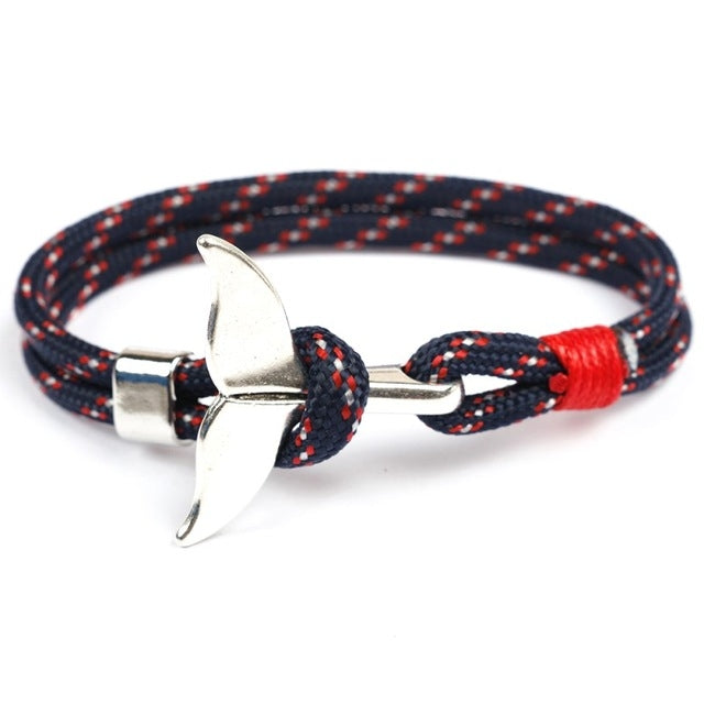 Pulseiras com corrente de corda náutica de sobrevivência com pendente de âncora cauda de baleia, azul escuro, preto, preto e vermelho, vermelho, preto e azul, amarelo, colorido, azul