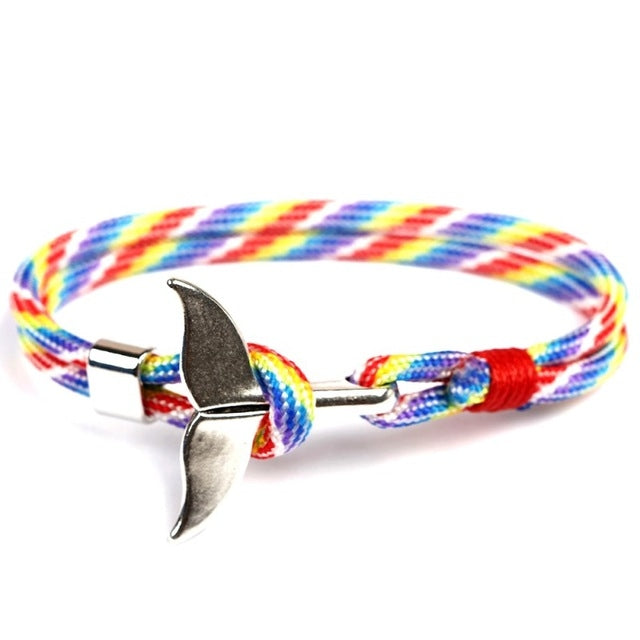 Pulseiras com corrente de corda náutica de sobrevivência com pendente de âncora cauda de baleia, azul escuro, preto, preto e vermelho, vermelho, preto e azul, amarelo, colorido, azul