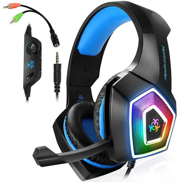 Auscultadores Gaming V1 3,5mm RGB Coloridos Luminosos com Controlo por Fio, Comprimento do Cabo: 2,2m