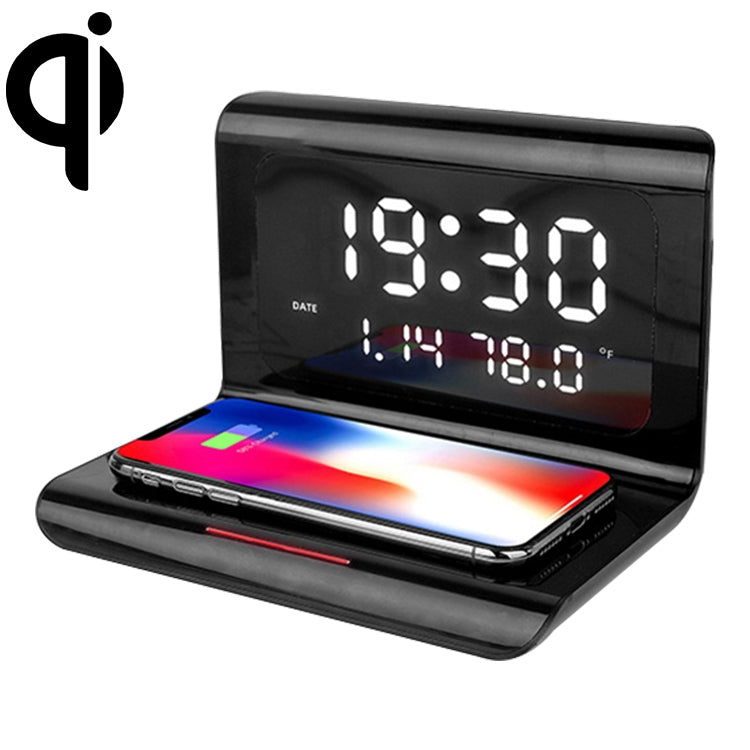 Carregador Sem Fios Universal Multi-funções QI 10W para Telemóvel com Relógio Despertador e Mostrador de Hora / Calendário / Temperatura, RT1 10W (Preto)