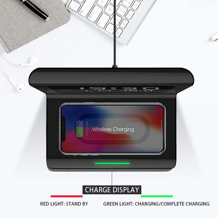 Carregador Sem Fios Universal Multi-funções QI 10W para Telemóvel com Relógio Despertador e Mostrador de Hora / Calendário / Temperatura, RT1 10W (Preto)