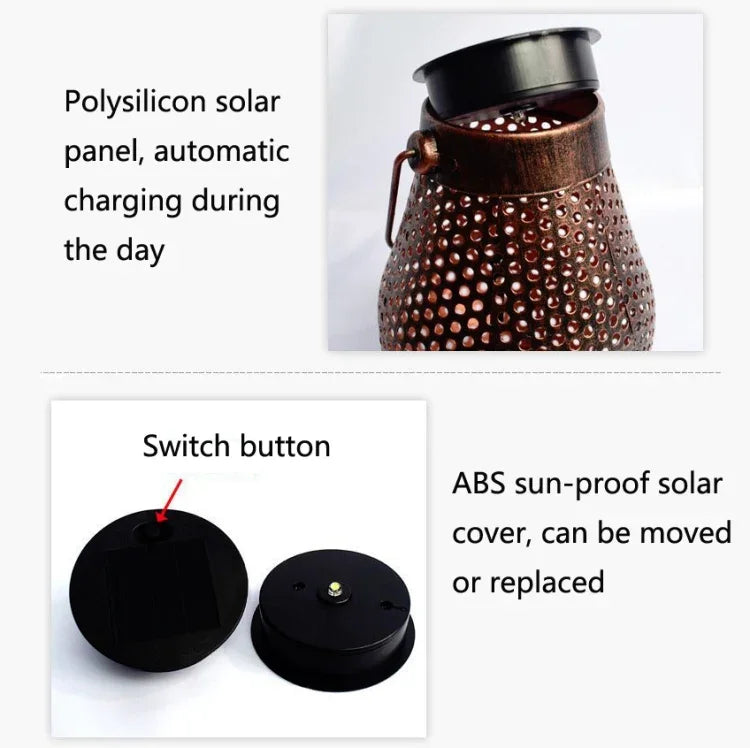 Lanterna de Ferro Forjado Solar Exterior Decoração de Jardim Lâmpada Pendente LED, Lanterna Crisântemo