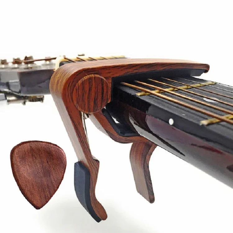 Conjunto 2 em 1 de Capotraste de Madeira Maciça para Guitarra Folk + Palheta, Capotraste para Guitarra Folk