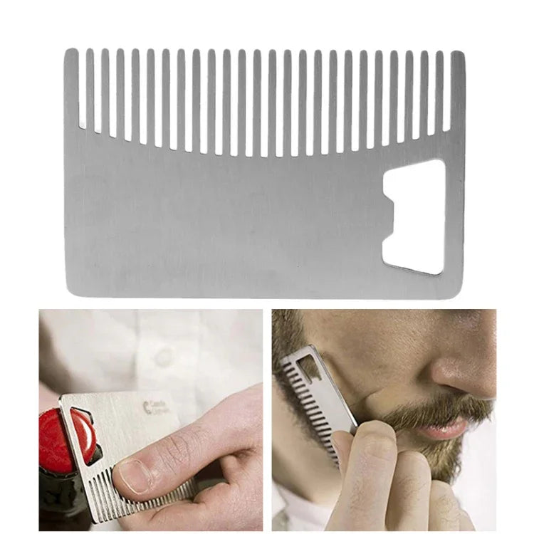 Pente de Metal para Cabelo e Barba com Abridor de Garrafas Ferramenta Multiusos Tamanho Cartão de Crédito, Metal