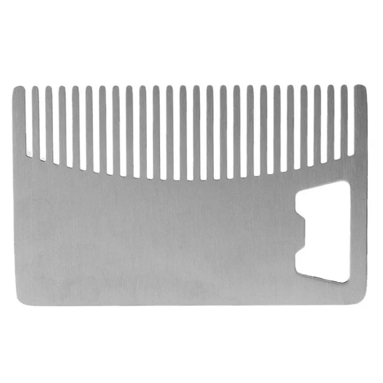 Pente de Metal para Cabelo e Barba com Abridor de Garrafas Ferramenta Multiusos Tamanho Cartão de Crédito, Metal