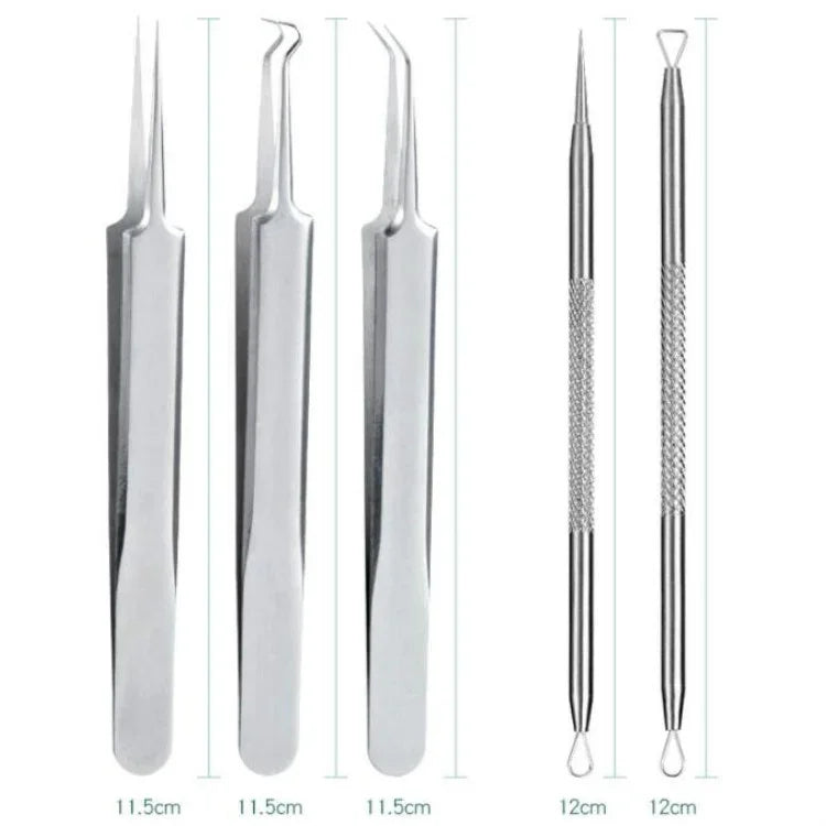 Conjunto de 5 Peças / Agulha para Acne em Aço Inoxidável, Pinça para Acne, Ferramenta para Espremer Cravos, 5 em 1
