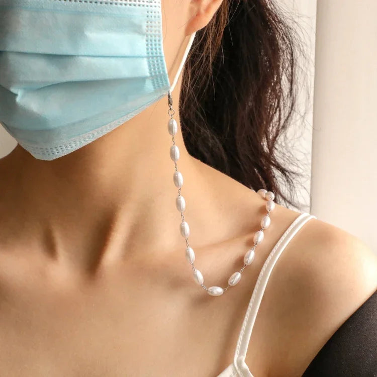 Cordão Anti-Perda para Máscara, Colar com Pérola Oval Simples para Máscara e Óculos, Corrente com Pérola Oval