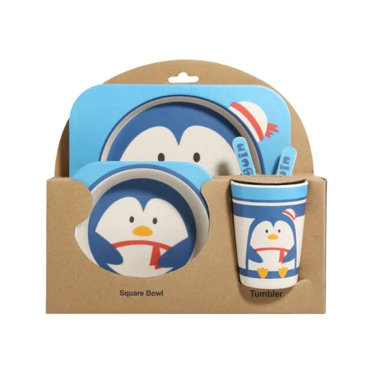 Conjunto de Louça para Bebé com Garfo de Desenho Animado, Pratos para Alimentação Infantil, Tigela de Fibra de Bambu Natural com Copo, Colher e Prato