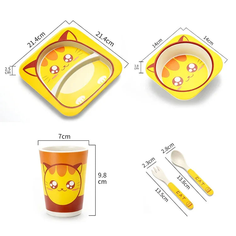 Conjunto de Louça para Bebé com Garfo de Desenho Animado, Pratos para Alimentação Infantil, Tigela de Fibra de Bambu Natural com Copo, Colher e Prato