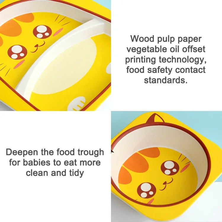 Conjunto de Louça para Bebé com Garfo de Desenho Animado, Pratos para Alimentação Infantil, Tigela de Fibra de Bambu Natural com Copo, Colher e Prato